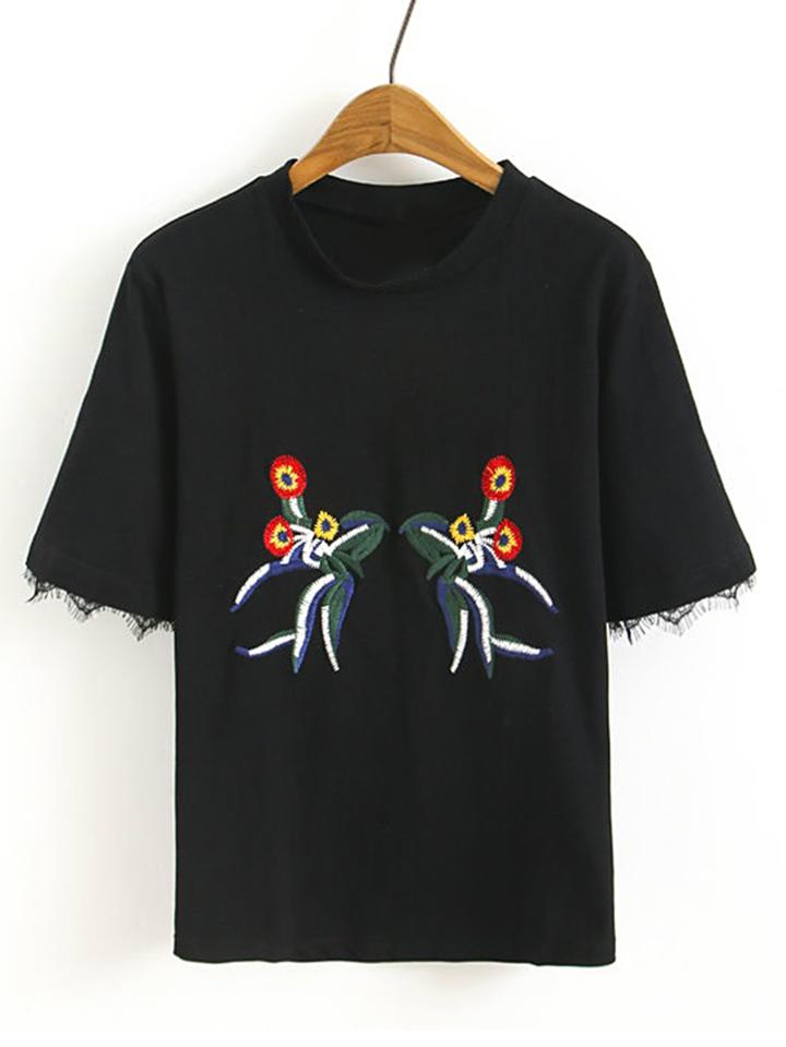 Romwe Fringe Cuff Embroidery Tee