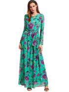 Romwe Self-tie Rose Print Long Sleeve Chiffon Dress - Green