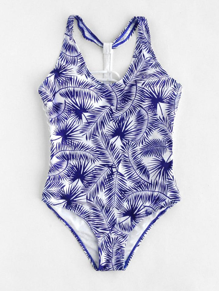 Romwe Jungle Print Caged Back Swimsuit