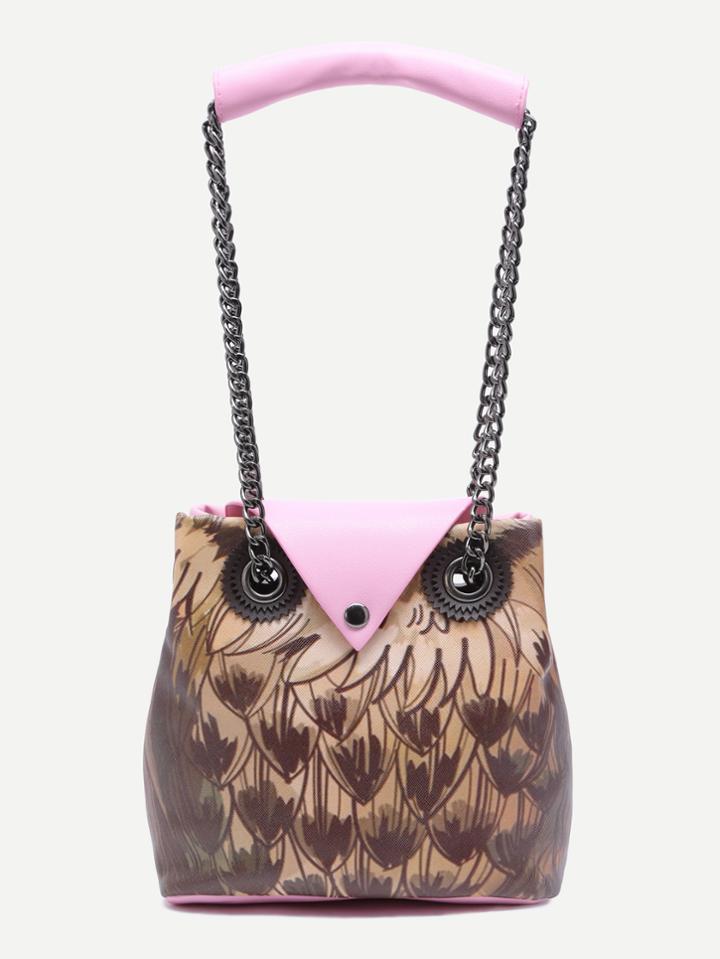Romwe Pink Night Owl Design Button Closure Chain Strap Tote Bag