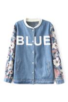 Romwe Blue And Floral Print Buttoned Jacket