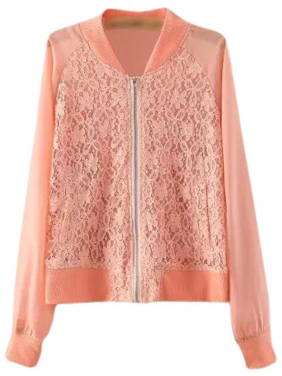 Romwe Orange Pockets Zipper Front Chiffon Splicing Lace Jacket