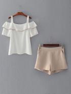 Romwe Cold Shoulder Ruffle Trim Top With Shorts