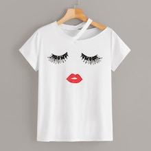 Romwe Asymmetrical Shoulder Eyelash & Lip Tee