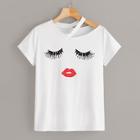 Romwe Asymmetrical Shoulder Eyelash & Lip Tee