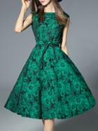 Romwe Green Tie-waist Print A-line Dress