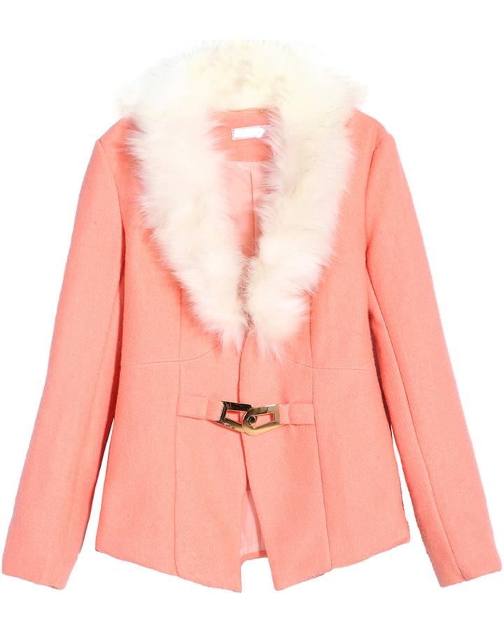 Romwe Faux Fur Collar Buckled Pink Coat