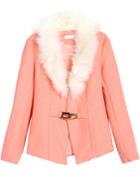 Romwe Faux Fur Collar Buckled Pink Coat