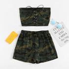 Romwe Lace Up Camo Tube Top With Shorts
