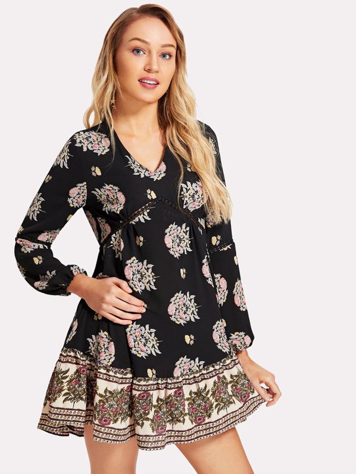 Romwe Lace Insert High Waist Floral Dress