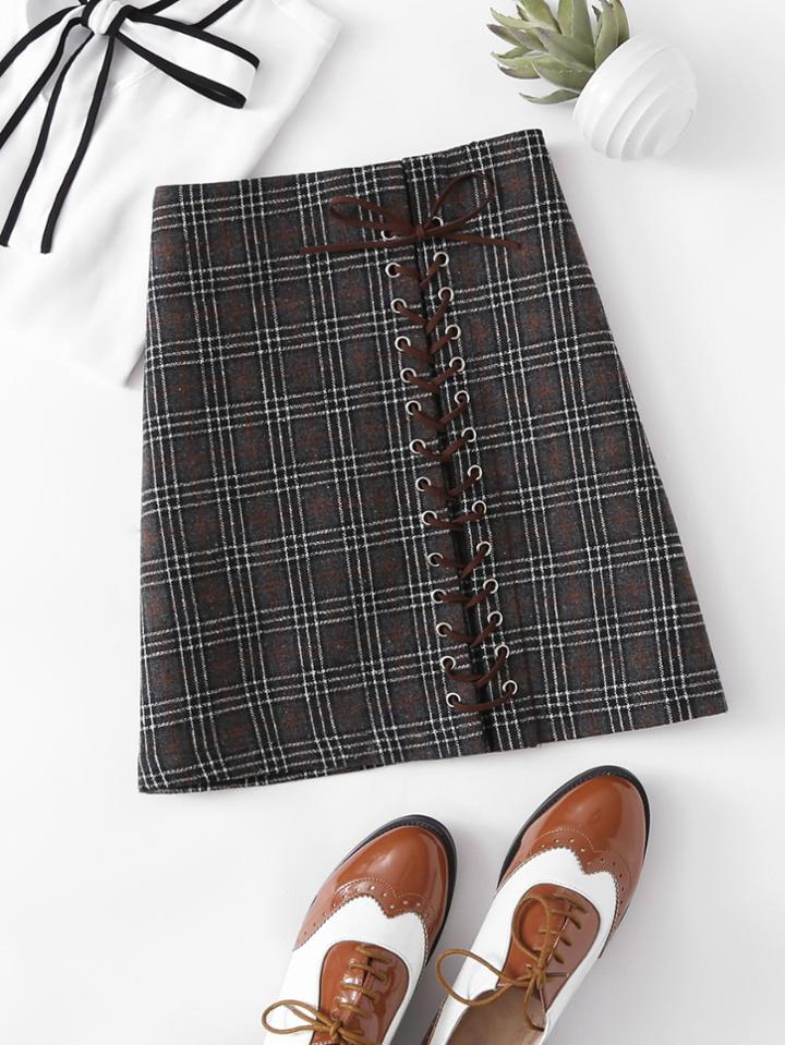 Romwe Eyelet Lace Up Checked Skirt