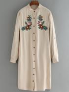 Romwe Flower Embroidered High Low Buttons Apricot Dress