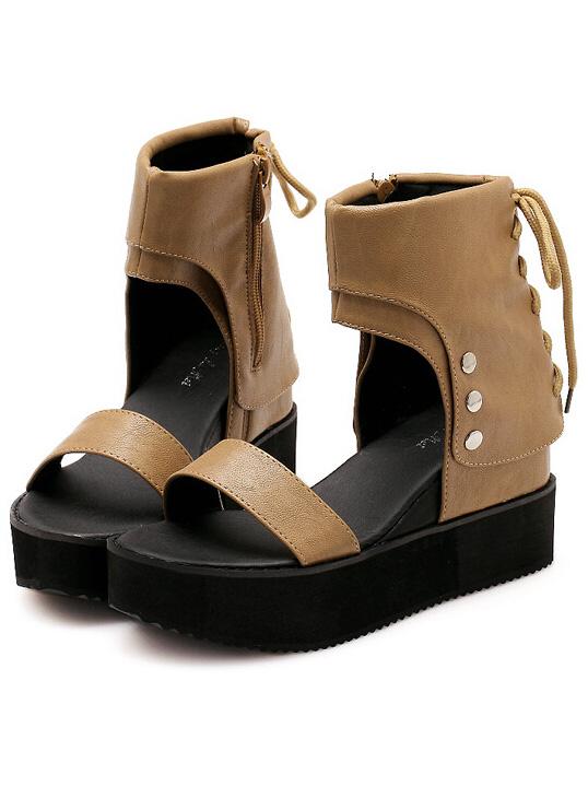 Romwe Khaki Bandage Hidden Platform Pu Sandals