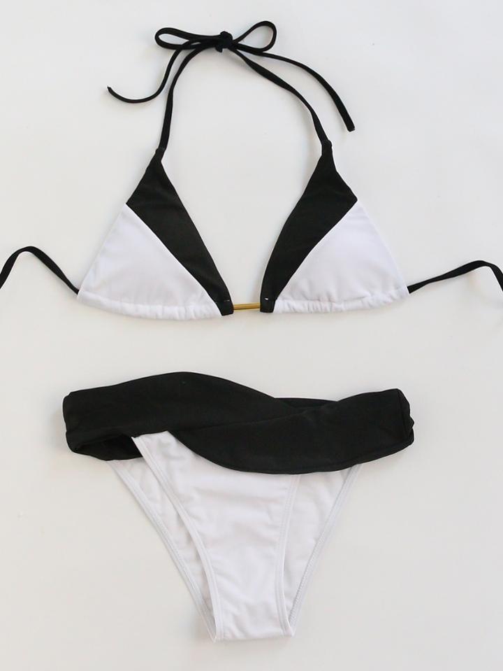 Romwe Black And White Triangle Halter Bikini Set
