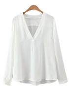 Romwe White Dip Hem V Neck Long Sleeve Blouse