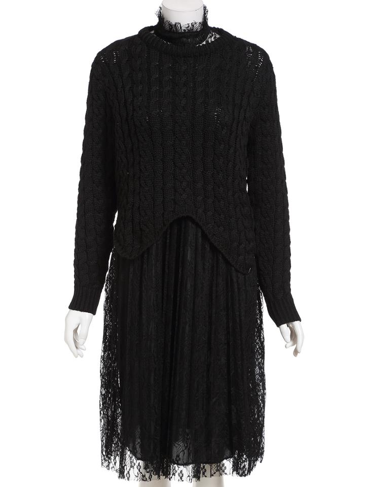 Romwe Cable Knit Crop Black Sweater With Lace Dress