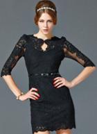 Romwe Black Half Sleeve Embroidered Lace Bodycon Dress