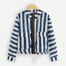 Romwe Striped Zip-up Hooded Jacket