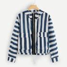 Romwe Striped Zip-up Hooded Jacket
