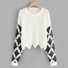 Romwe Geo Pattern Sleeve Scalloped Hem Jumper