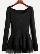 Romwe Black Contrast Chiffon Scoop Neck Sweater