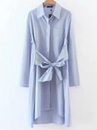 Romwe Blue Vertical Striped High Low Shirt Dress With Bow Tie