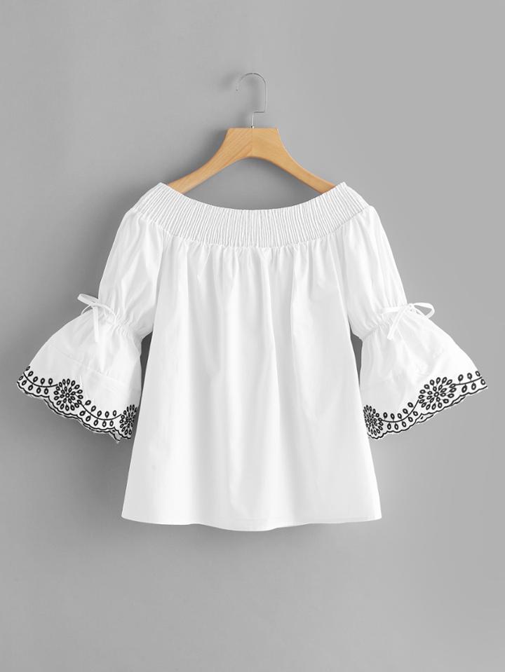 Romwe Off Shoulder Fluted Sleeve Embroidered Top
