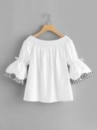 Romwe Off Shoulder Fluted Sleeve Embroidered Top