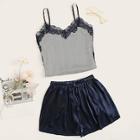 Romwe Striped Contrast Lace Satin Cami Pj Set