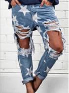 Romwe Star Print Destroyed Light Blue Jeans