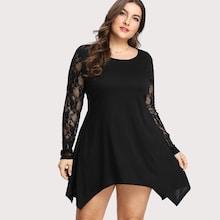 Romwe Plus Lace Contrast Sleeve Hanky Hem Dress