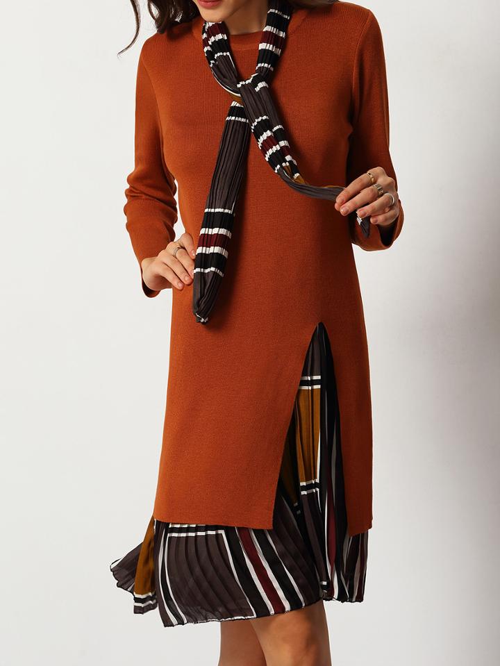 Romwe Contrast Hem Striped Sweater Dress With Scarf