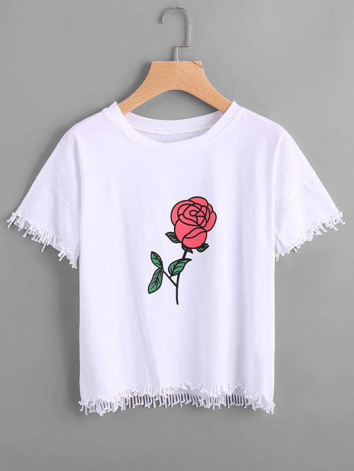 Romwe Rose Print Fringe Hem Tee