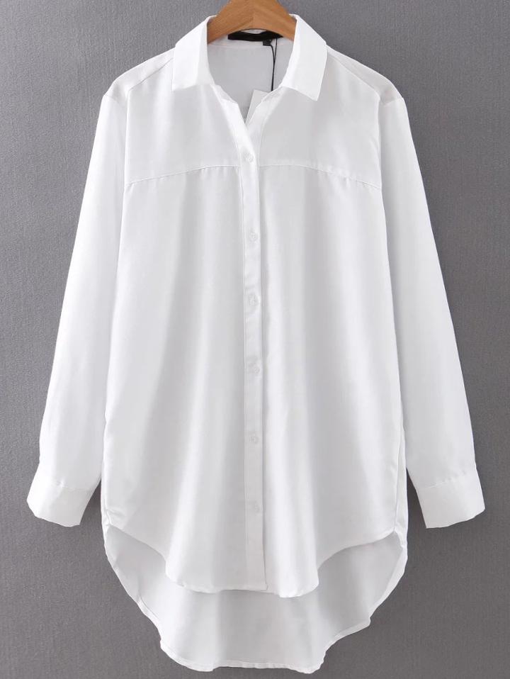 Romwe White Button Up High Low Blouse