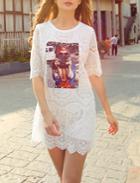 Romwe With Pearl Beauty Print Lace White Dress