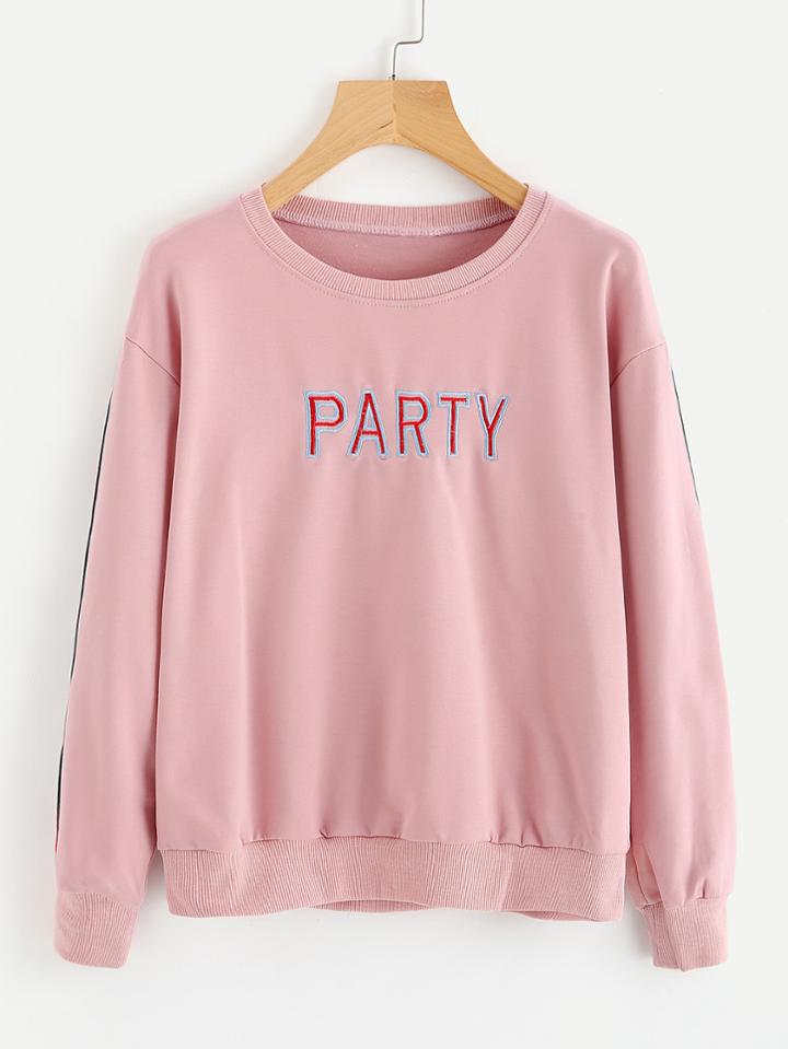 Romwe Letter Embroidered Striped Side Sweatshirt