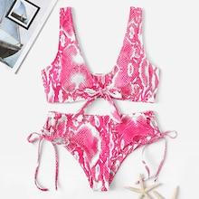 Romwe Snakeskin Knot Front Top With Tie Side Bikini