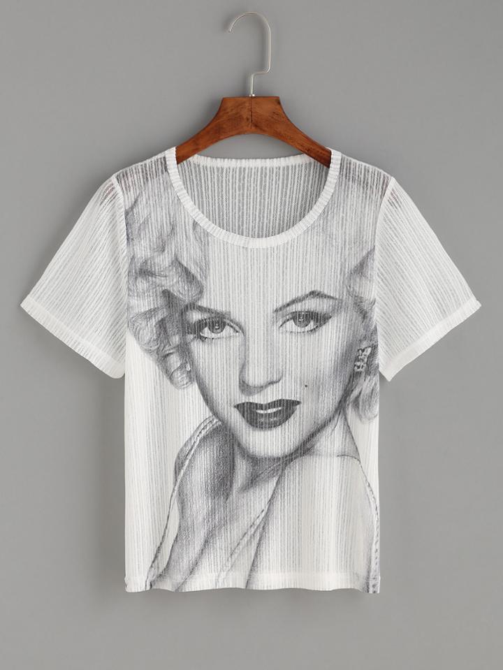 Romwe White Portrait Print Striped Mesh T-shirt