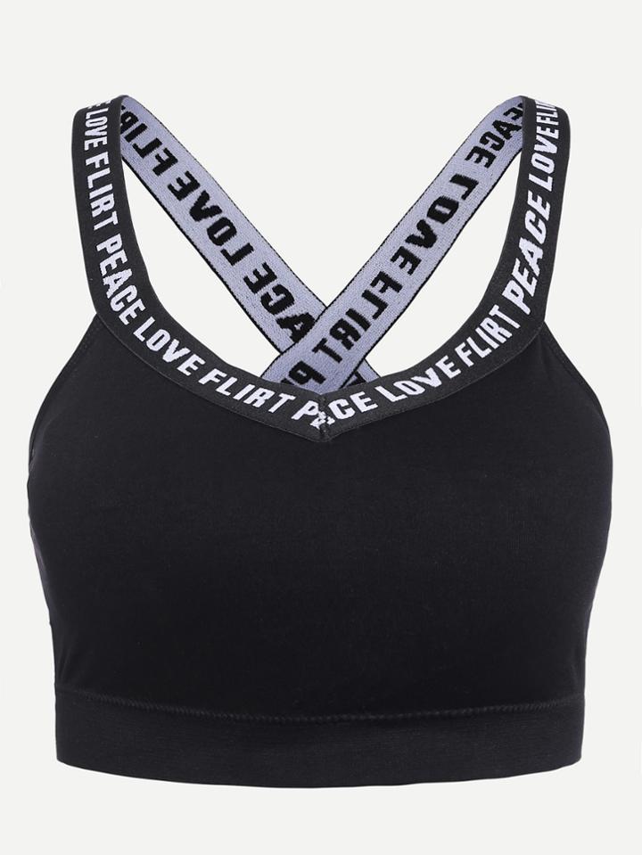 Romwe Black Letter Tape Detail Crop Top