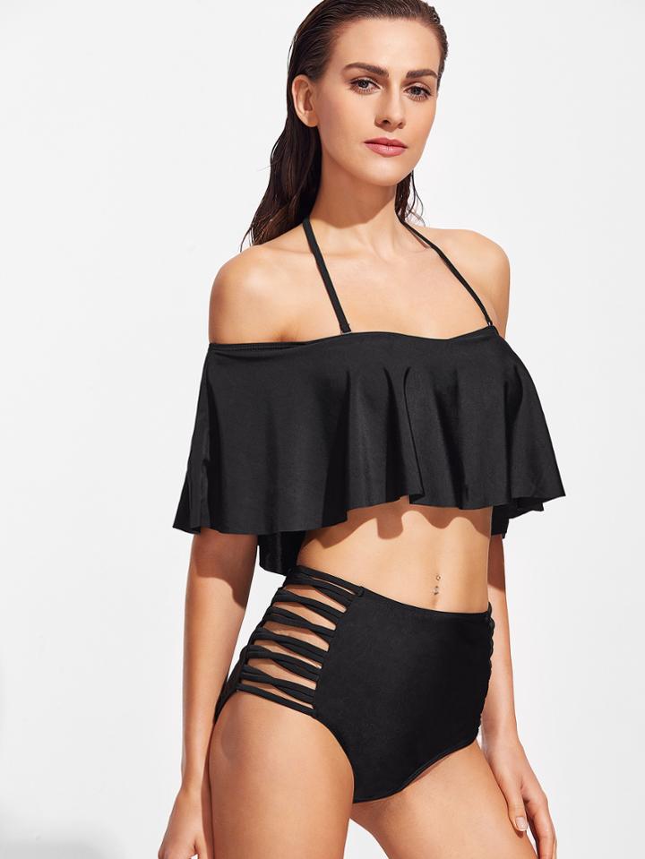 Romwe Black Halter Ruffle Ladder Cutout Bikini Set