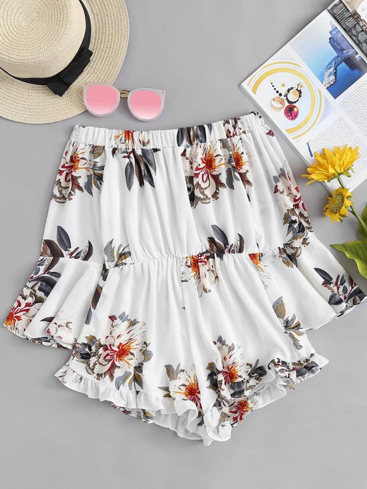Romwe Off Shoulder Floral Print Frill Hem Romper