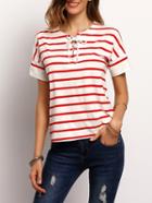 Romwe White Red Stripe Lace Up Front T-shirt