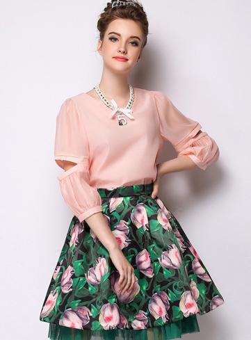 Romwe Round Neck Cut Out Chiffon Pink Top