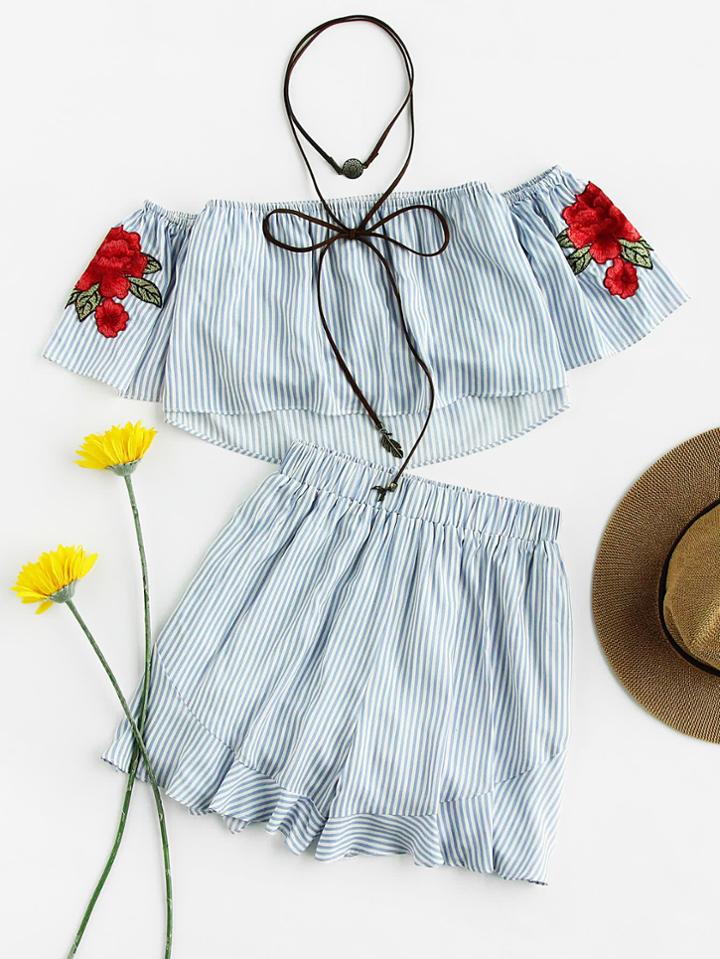 Romwe Vertical Pinstripe Embroidered Appliques Top With Shorts
