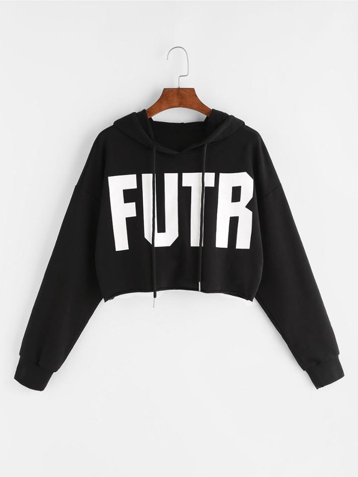 Romwe Black Letter Print Drop Shoulder Raw Hem Crop Hoodie