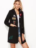 Romwe Black Single Button Embroidered Patches Pockets Coat
