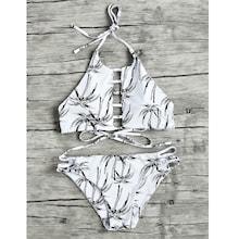 Romwe Palm Tree Halter Top With Ladder Cutout Bikini