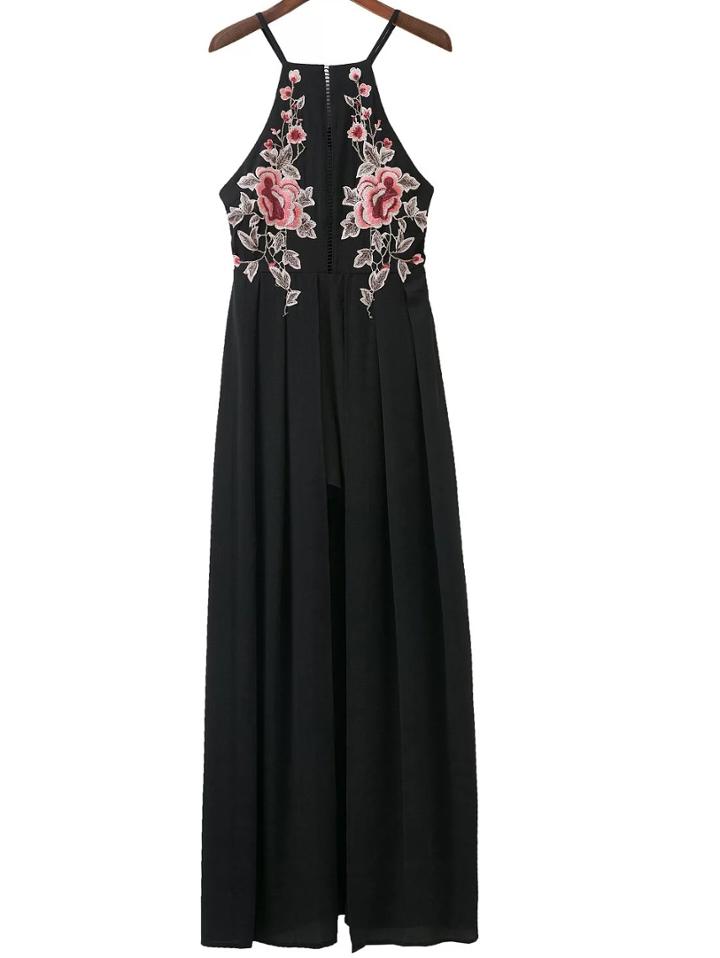 Romwe Black Embroidery Ladder Cutout Overlay Romper