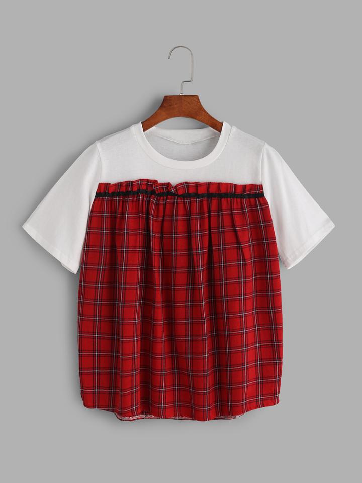 Romwe Red Paneled Madras Plaid T-shirt