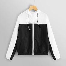 Romwe Colorblock Zip-up Drawstring Hooded Jacket